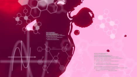 Animation-of-chemical-formulas-and-data-processing-over-human-blood-on-pink-background