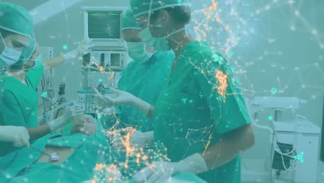 Animation-of-network-of-connections-over-surgeons-operating-on-patient-in-theatre