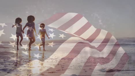Animación-De-La-Bandera-De-Estados-Unidos-Sobre-Una-Familia-Afroamericana-En-La-Playa.