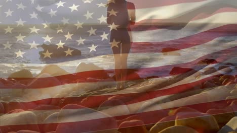 Animation-Der-Flagge-Der-USA-über-Einer-Kaukasischen-Frau-Am-Strand
