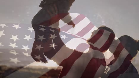 Animation-Der-Flagge-Der-USA-über-Einer-Kaukasischen-Familie-Am-Strand