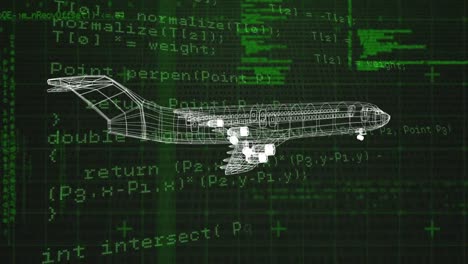 Animation-Eines-Flugzeugprojekts,-Das-Sich-über-Die-Datenverarbeitung-Im-Schwarzen-Und-Grünen-Raum-Dreht