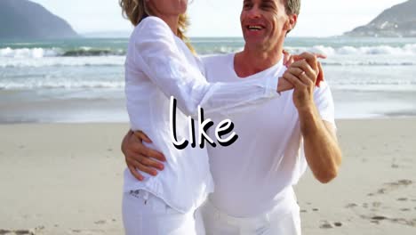Animation-of-like-text-over-caucasian-couple-at-beach