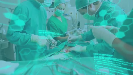 Animation-Medizinischer-Informationen-Und-Datenverarbeitung-über-Chirurgen,-Die-Patienten-Im-Operationssaal-Operieren