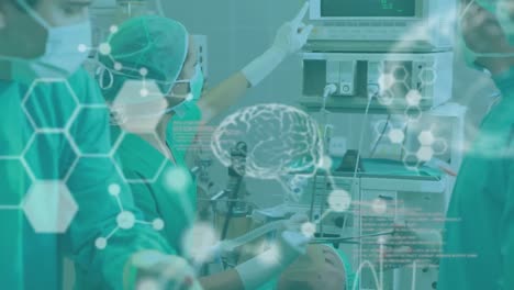 Animation-of-brain-scan-and-medical-data-processing-over-surgeons-operating-on-patient-in-theatre