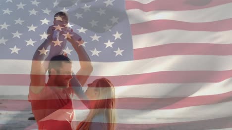 Animation-of-flag-of-usa-over-caucasian-family-at-beach