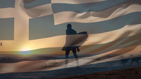 Animation-of-flag-of-greece-over-caucasian-man-at-beach
