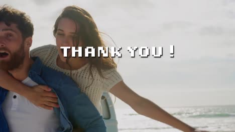 Animation-of-thank-you-text-over-caucasian-couple-at-beach