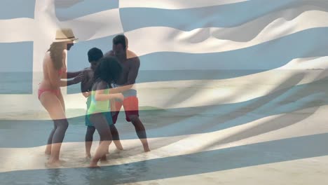 Animation-of-flag-of-greece-over-caucasian-family-at-beach