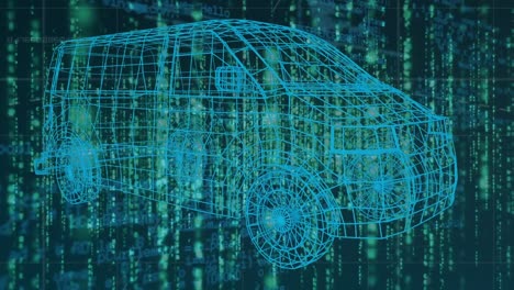 Animation-of-car-project-over-data-processing-in-green-and-black-space