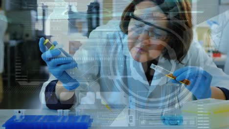 Animation-of-scope-scanning-and-data-processing-over-caucasian-female-scientist-working-in-lab