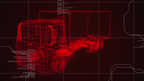 Animation-of-truck-project-rotating-over-data-processing-on-black-background