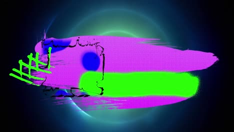 Animation-Verschiedener-Blauer,-Grüner-Und-Rosafarbener-Flecken-Auf-Schwarzem-Und-Grünem-Hintergrund-Mit-Blitzen