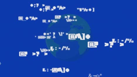 Animation-of-symbols-and-globe-on-blue-background