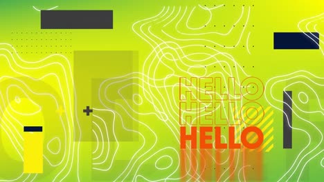 Animation-of-hello,-black-rectangles-and-isohypses-on-green-background