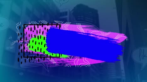 Banner-with-copy-space-and-colorful-abstract-shapes-against-tall-buildings