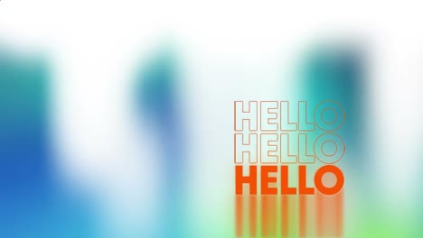 Animation-of-red-shape-and-hello-over-white-and-blue-background