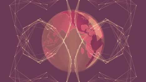 Animation-of-globe-with-shapes-over-pink-background