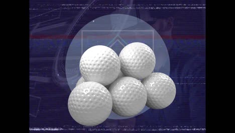 Animation-of-golf-balls-over-caucasian-man-with-vr-headset-and-shapes