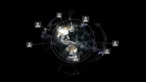 Animation-of-shapes-and-globe-with-icons-over-black-background