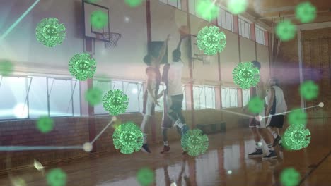 Animation-of-virus-cells-and-network-of-connections-over-diverse-group-of-basketball-players-at-gym