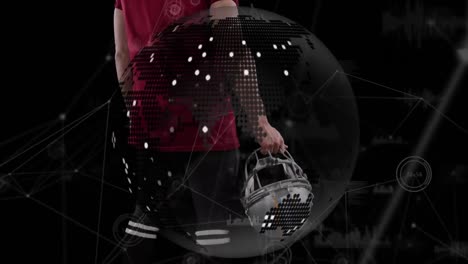 Animation-Der-Datenverarbeitung-Und-Globus-über-Einem-Kaukasischen-Männlichen-American-Football-Spieler-Mit-Ball