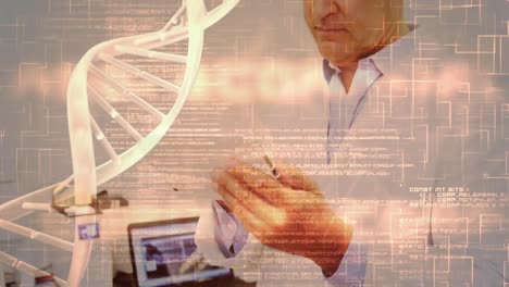 Animation-of-dna-strand-spinning-and-medical-data-processing-over-caucasian-male-doctor-using-tablet