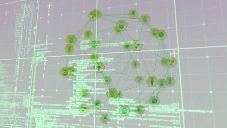 Animation-of-data-processing,-network-of-connections-with-icons-globe-and-grid