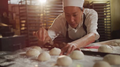 Animation-of-focused-asian-female-baker-arranging-rolls-on-tray