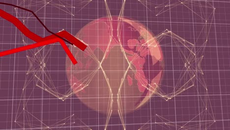 Procesamiento-De-Líneas-Rojas-De-Animación,-Redes-De-Conexiones-Sobre-El-Mundo