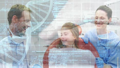 Animation-of-dna-strand-spinning-and-data-processing-over-caucasian-dentist-and-girl-patient