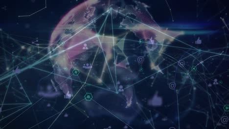 Animation-of-network-of-connections-with-icons-and-globe-on-blue-background