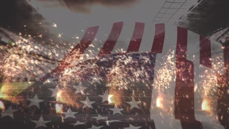 Animation-Der-Flagge-Amerikas,-Die-über-Dem-Sportstadion-Und-Dem-Feuerwerk-Weht