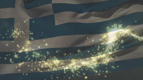 Animation-Der-Flagge-Griechenlands,-Die-über-Einem-Feuerwerk-Weht