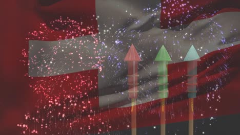 Animation-Der-Flagge-Der-Schweiz,-Die-über-Einem-Feuerwerk-Weht