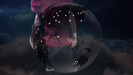Animation-Des-Globus-Und-Der-Datenverarbeitung-über-Einem-Kaukasischen-Männlichen-American-Football-Spieler-Mit-Ball