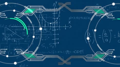 Animation-of-scope-scanning-and-mathematical-equations-on-blue-background
