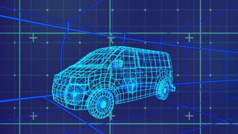 Animation-of-data-processing-and-shapes-over-digital-car-on-blue-background