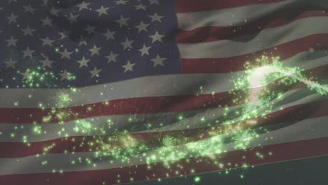 Animation-Der-Flagge-Amerikas-über-Lichtflecken-Und-Funken