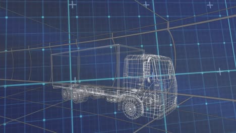 Animation-of-data-processing-and-shapes-over-digital-lorry-on-blue-background