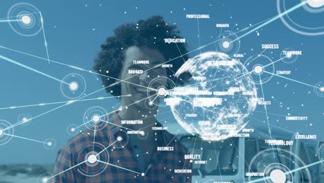 Animation-of-network-of-connections-with-globe-over-happy-african-american-man
