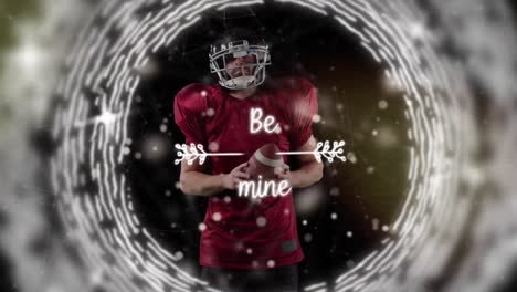 Animation-Des-Kreises-Und-Des-Textes-„Be-Mine“-über-Einem-Kaukasischen-Männlichen-American-Football-Spieler-Mit-Ball