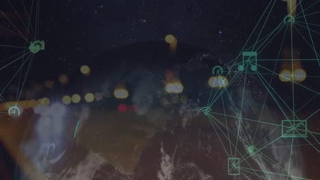 Animation-of-network-of-connections-with-icons-and-globe-over-cityscape