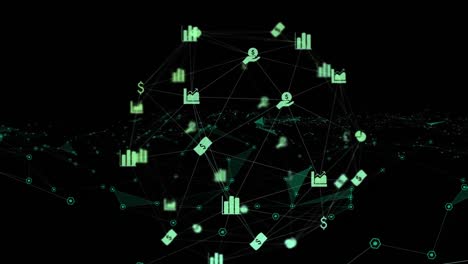 Animation-of-icons-and-network-of-connections-on-black-background
