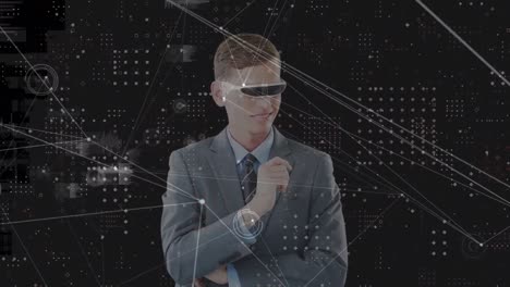 Animation-of-network-of-connections-with-glowing-spots-over-caucasian-businessman-wearing-vr-headset