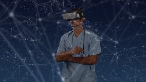 Animation-of-network-of-connections-with-glowing-spots-over-caucasian-male-doctor-wearing-vr-headset