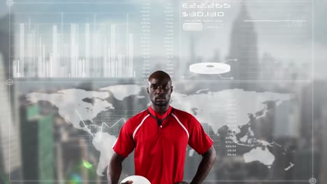 Animation-Eines-Afroamerikanischen-Rugbyspielers-über-Verschiedene-Daten-Und-Stadtlandschaften