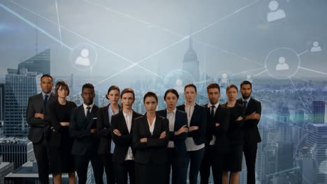 Animation-of-diverse-businesspeople-over-screen-with-network-of-connections-and-cityscape