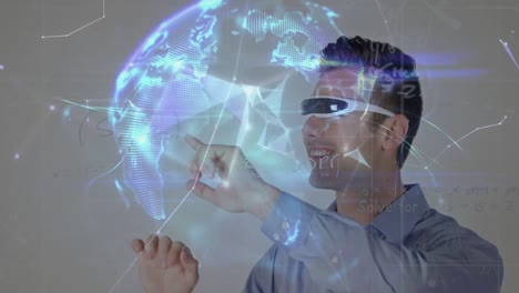 Animation-of-network-of-connections-with-glowing-globe-over-caucasian-man-wearing-vr-headset