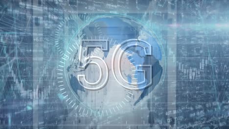 Animation-of-globe,-5g,-diverse-financial-data-and-graphs-over-servers